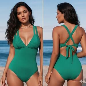 Cupshe Ribbed Green Cross Back One-Piece Swimsuit